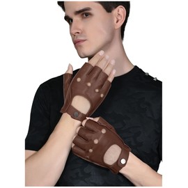 GSG Mens Fingerless Driving Riding Half Finger Leather Gloves Lambskin Unlined Brown,L
