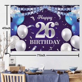Happy 26th Birthday Banner Backdrop Navy Blue Balloons Confetti Stripe Flag Light Spots Cheers to 26 Years Old Theme Decorations Decor for Women Men 26th Birthday Party Bday Supplies Glitter Silver