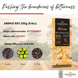 Valrhona Premium Extra Dark Chocolate ABINAO 85% Cacao Tasting Bars - Gourmet French Chocolate Perfect for Eating and Baking and Frostings, Cookies, Cakes, and Brownies. Kosher, 70g (Pack of 3)
