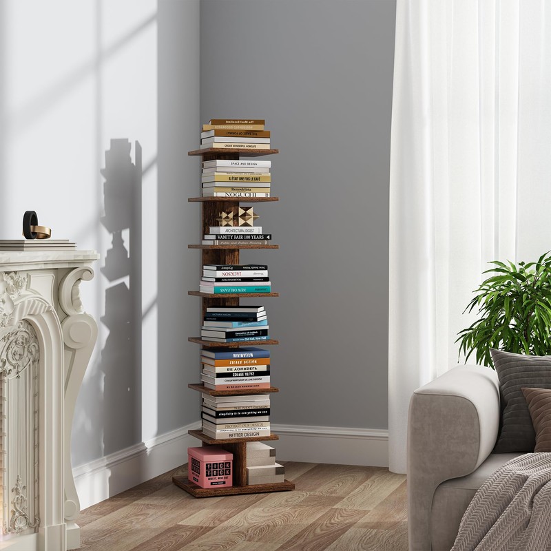 TUTOTAK Narrow Bookshelf, 8-Tier Bookcase, Spine Book Shelf for Small
