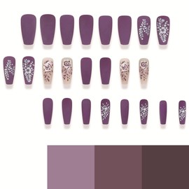 24Pcs Spring Press on Nails Medium Coffin Fake Nails Purple Full Cover Glue on Nails Matte Acrylic Nails with Floral Designs Natural Artificial Nails Flower False Nails for Women Girls