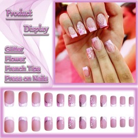 Press on Nails Short Square Shape False Nails with Glossy Glitter Stick on Nails 3D Flower Designs Fake Nails Coffin French Tips Acrylic Nails Full Cover Artificial Nails Glue on Nails for Women