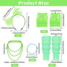 CABODYALS 16Pcs Green 80s Fancy Dress Costume Accessories Kits Neon Lace Headband Fishnet Gloves Necklace Bracelet Leg Warmers Womens Outfit Jewelry Set Bulk for Women 80s Retro Party Prom Cosplay