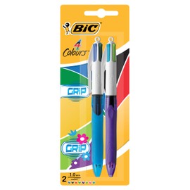 BIC 4 Colours Grip Original Ball Pen and Grip Fashion Medium Ball Pen (1.0mm) - Assorted Colours, Pack of 2 Pens (952235)
