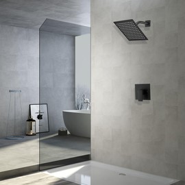 Matte Black Shower Faucet GGStudy Single Function Shower Trim Kit with Rough-in Valve Shower Set Bath Rainfall Ultra-thin Shower System 8inch Square Stainless Steel Metal Shower Head