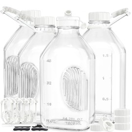 Syntic 4 Pack 2 Qt Glass Milk Bottles with Handle and Airtight Reusable Screw Lids, 1/2 Gal Glass Water & Juice Bottles, 64 Oz Milk Jug Pitcher w Scale