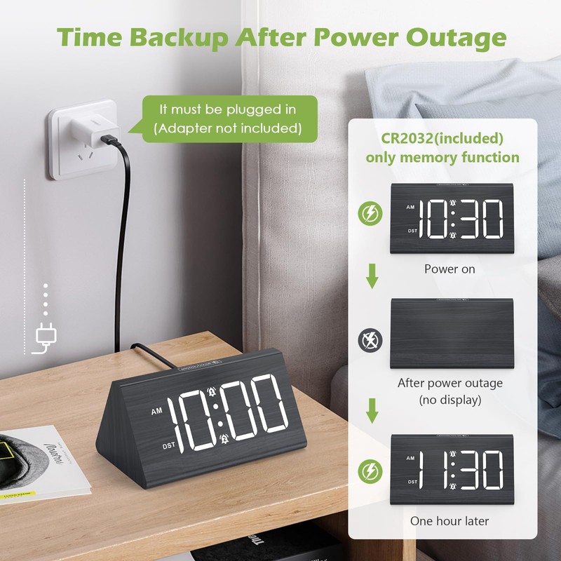 KeeKit Wooden Digital Alarm Clock, Large Display LED Clock with