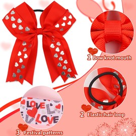 Valentine Heart Hair Bows Ties Red Heart Bow Hair Tie for Girls Large Cheer Bows Glitter Cheerleading Hair Bows Ponytail Holders Elastic Hair Ties Bands Valentines Hair Accessories for Women Teen