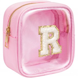 KOTORA Mini Initial Makeup Bag | Travel Toiletry Bag | Clear Makeup Bag | Travel Essentials Gifts for Women Teen Girlfriend Teacher Brithday Gifts Clear Toiletry Bag Small Mini Cosmetic Bag Pink R