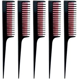 5-Piece Triple Teasing Comb Set - Rat Tail Combs for Women, Perfect for Adding Volume and Evening Styling (Black with Red, 8 x 1.2 inch)