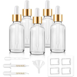 5 count, 1 oz Clear Dropper Bottle with 2 Extra Glass Dropper, 1 Funnel, 1 Pipette, 8 Labels 30 ml Eye Dropper Bottle for Essential Oils  Hair Oils  Cuticle Oils - Color: Clear-Gold Lids