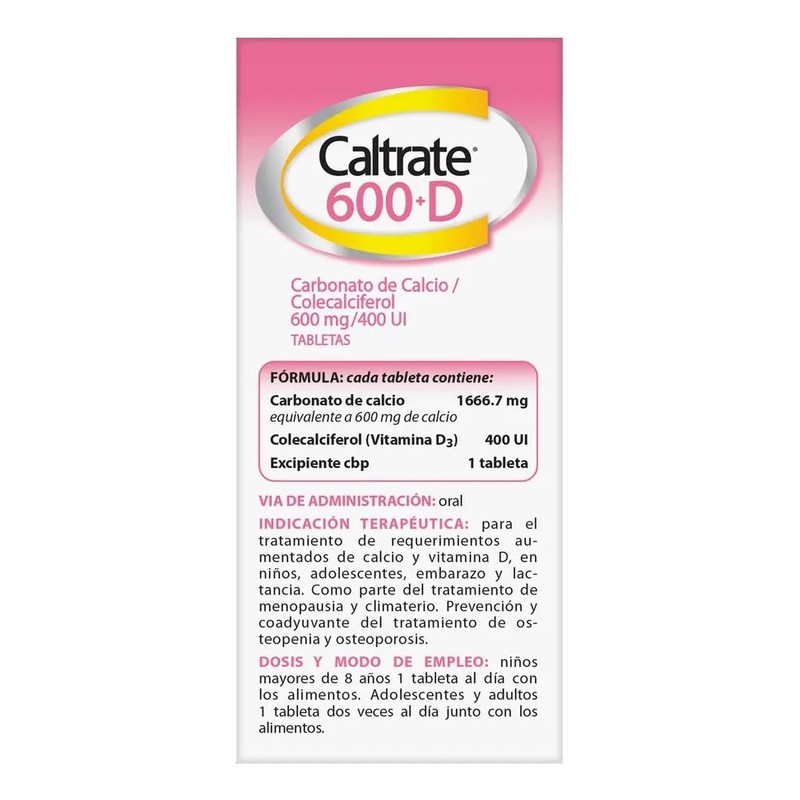 Caltrate Suplemento de Calcio 600 D 600mg 400 UI Frasco,