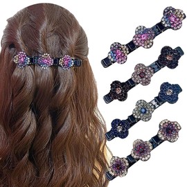 Pack of 4 Hair Clips with Sparkling Crystal Stones, Elegant Hair Styling Clips, Rhinestone Hair Clips, Braided Rhinestone Hair Clips for Women and Girls, Double Layer Hair Clips for Women and Girls