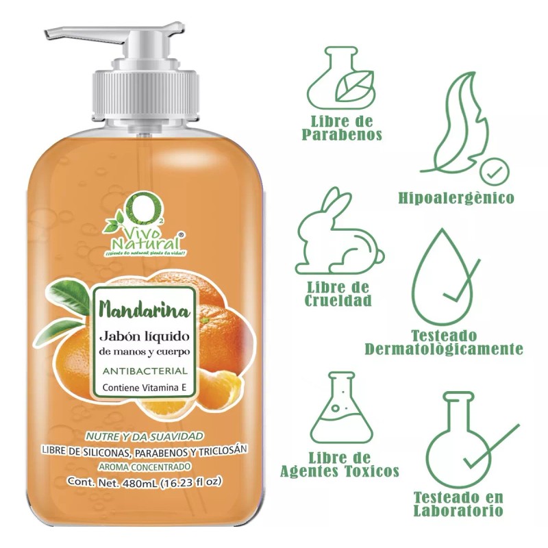 VIVONATURAL Jabón Líquido Para Manos Y Cuerpo Mandarina 480ml