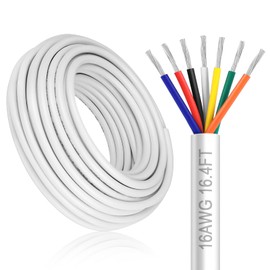 16 Gauge 7 Conductor Electrical Wire, 16.4FT White Stranded Low Voltage 16/7 PVC Case, 16 AWG Tinned Copper 7 Wire Extension Power for Strips LED Lamp Lighting