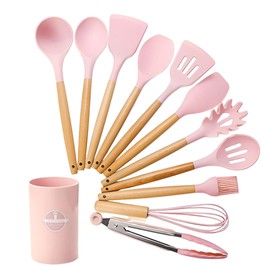 Juego de Utensilios de Cocina | Kit 12 Piezas de Cocina | Set de Instrumentos de Silicona | Mango de Madera Resistentes | Herramientas de Cocina Multifuncionales (Rosa)