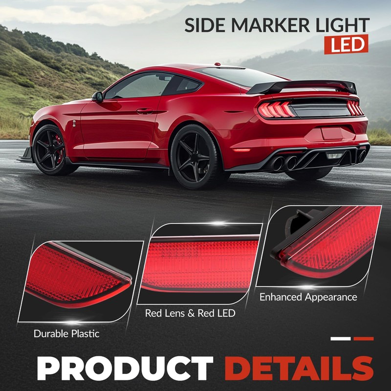 HECASA Side Marker Light Compatible with 2015-2023 Ford Mustang Rear