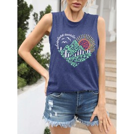 Jorlyen Kindness Sleeveless for Women Nature Pine Tree Printed Outfit Lake Life Trip Adventure Activewear Love Heart Floral Tank Top, Navy Blue L