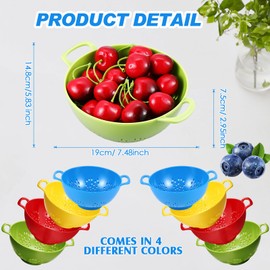Baderke 4 Pack Mini Colander for Kitchen Plastic Berry Strainer with Double Handles 7.5 x 6 x 3 Inch Small Colander Strainer for Fruits Vegetables Food(Green, Red, Blue, Lemon Yellow)