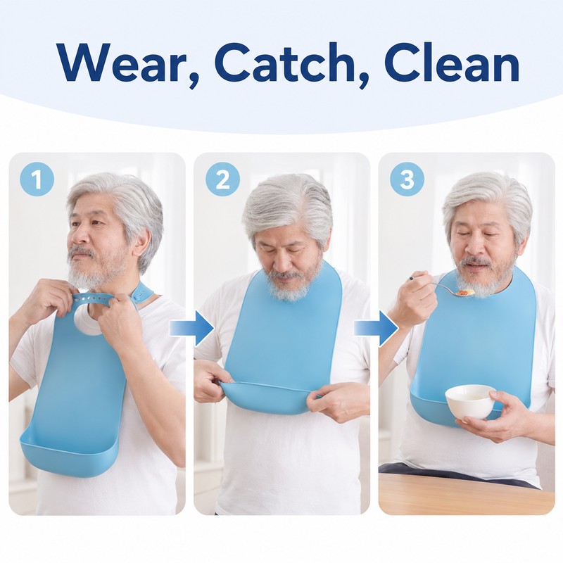 Waterproof Adult Silicone Bib with Food Catcher Pocket – Adjustable