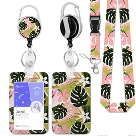 Tropical Palm Leaves Badge Holder with Retractable Reel Clip,Boho Flowers Lanyards for Id Badges,Plastic Case with Carabiner Clip Vertical ID Card Protector for Women Student Office Gifts