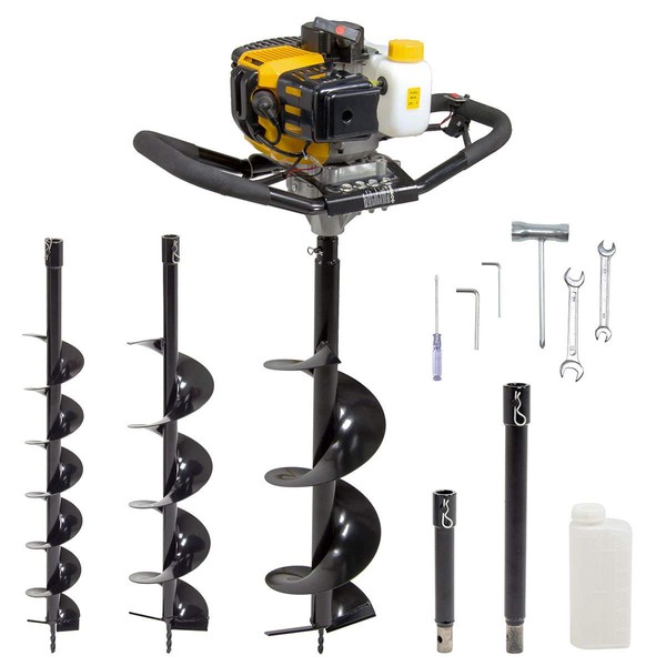 Wolf 2-Stroke Petrol Auger 52cc Earth Ground Drill with Drill Bits (100/150/200mm Dia) & Extensions - 2 Years Warranty