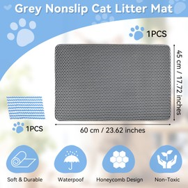 Grey Foldable Cat Litter Mat, 60 x 45 cm, Honeycomb Design Cat Mat, Large Cat Litter Mat, Double Waterproof & Non-Slip, EVA Cat Litter Tray Mat with Cleaning Cloth for Splash Protection