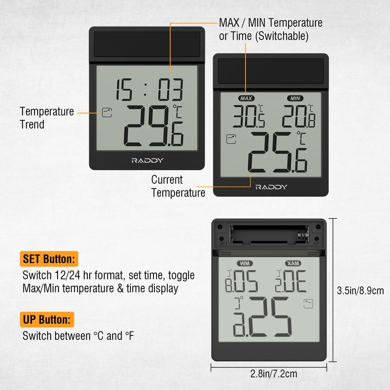 Raddy WT-1 Outdoor Window Thermometer, IP44 Waterproof Indoor Outdoor Temperature