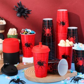 Teenyyou 48 Pcs Spider Cups Spider Party Supplies 16oz Thick Plastic Disposable Reusable Web Birthday Cups with Lids Plugs End of the Year Gifts Bulk (Red,Black)