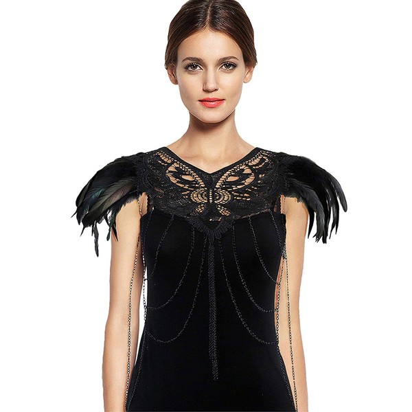 keland Gothic Black Feather Epaulette Mantle Lace Body Chain Armor Halloween Party Shawl Shrug, Black