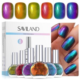SAVILAND Chrome Nail Polish Set: 12-Free Chameleon Holographic Nail Polish Quick Dry 6 Colors Metallic Fingernail Polish Nail Lacquer Set Nail Art Galaxy Nails DIY Christmas Gift For Women 8ml