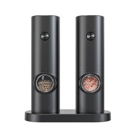 Sulypo Battery Operated Pepper Mill and Salt Grinder Set, 2 Pieces,Automatic Salt and Pepper Grinder Set with Easy-to-Carry Base and LED Light, Adjustable Coarseness, Washable Container, Black