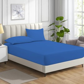 MistyMorning Fitted Sheet, Soft & Premium quality Bedding & Linen, 11''/28cm deep sheet, Egyptian Cotton with 200 Thread Count. (Blue, Double)