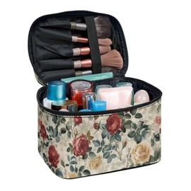 doginthehole Retro Rose Makeup Bags for Women Large Cosmetic Bags with Brush Holders Vintage Floral Travel Make up Bag