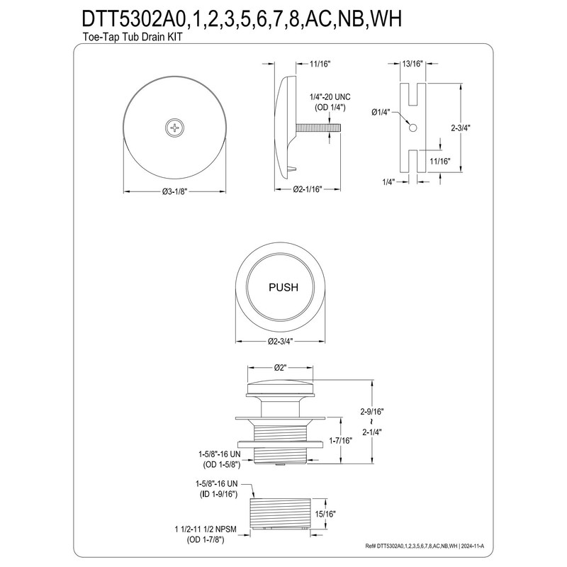 Kingston Brass DTT5302A0 Easy Touch Toe-Tap Tub Drain Kit, Matte