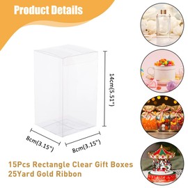 DICOSMETIC 15Pcs Clear Plastic Gift Box 3.15 x 3.15 x 5.5 Inch PVC Favor Box with Ribbon Large Rectangle Boxes Transparent Packing Box Folding Doll Box for Wedding Party Decor Choclates Candy Cookies
