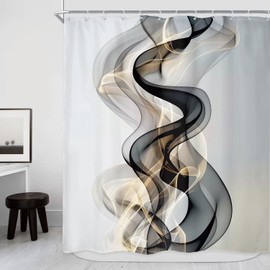 Riyidecor Abstract Black Gold Shower Curtain 60Wx72H Inch Modern Luxury Minimalist Ombre Ink Texture Aesthetic Contemporary Fluid Liquid Bathroom Decor Fabric Polyester Waterproof 12 Pack Hooks