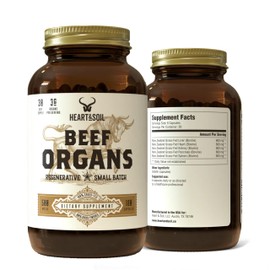 HEART & SOIL – 100% Grass Fed & Finished Beef Organs from Regenerative Cattle with Liver, Heart, Kidney, Pancreas & Spleen – 3000mg Beef Organ Supplement for Women & Men – Glass Bottle – 180 Capsules