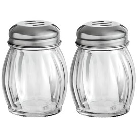 OCS Parts 3.5-Inch Glass Shakers with Chrome Plated Slotted Lids | 2-Pack | Grated Cheese, Chili and Red Pepper Shaker for Home Kitchens, Delis, Restauarants, and Pizza Parlors
