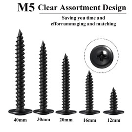 Phillips Pan Head Self-Tapping Screws, 50 pcs Black Carbon Steel Round Head TapperTapping Carbon Steel Wood Screws for Furniture (M5 x 12/16/20/30/40 m, 10-Pieces/each)