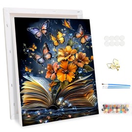 EOBROMD Framed Paint by Numbers Kits for Adults Flower, Butterfly DIY Kits Crafts for Beginner on Stretched Canvas, 3 Paint Brushes and Acrylic Paint for Home Decor 12x16inch