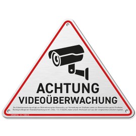HAGEFOL® Video Surveillance Sign (20 x 15 cm - Small) with DSGVO Notice, Includes Drill Holes, for Private Property Surveillance Camera or Dummy Camera Outside (Brushed Aluminium Silver)