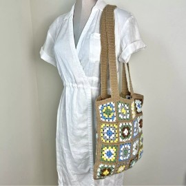 Handmade Crochet Granny Square Mini Tote Bag Beige, Tan Y2K book bag multicolor