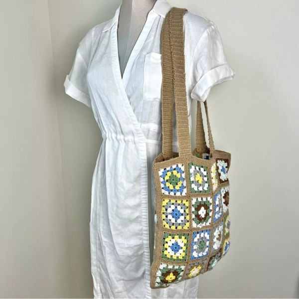Handmade Crochet Granny Square Mini Tote Bag Beige, Tan Y2K