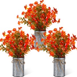 Zeyune 3 Sets Artificial Autumn Flowers Table Centerpiece Vintage Artificial Fall Flowers Decorations Faux Fall Plants with Metal Pots for Thanksgiving Farmhouse Home Office (Classic Style,13.8 Inch)