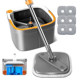 INWEJIA Spin Mop and Bucket Set with Self Separation Dirty and Clean Water System Self Wringing 360° Rotating Clean Mop-Head for Hardwood Tile Marble Floors with 6pads