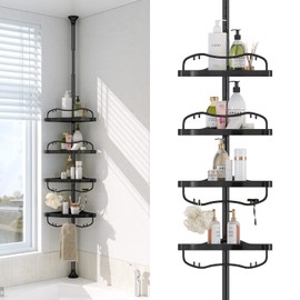 Corner Shower Caddy Tension Pole - Heavy Duty Floor to Ceiling Shower Organizer Tension Pole with 4 Shelves,54"-114” Adjustable Rustproof Stand Rack for Bathtub,Bathroom,Dorm,RV - Black