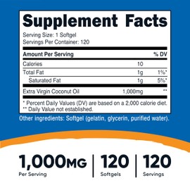 Nutricost Coconut Oil Softgels (1000mg) 120 Softgels - Extra Virgin Coconut Oil - Gluten Free and Non-GMO
