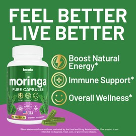 Kwala Nutrition Moringa Capsules for Mood & Energy Support - Pure Green Superfood - Made in USA - Vegan, Non-GMO - 90 Capsules (3 Month Supply)