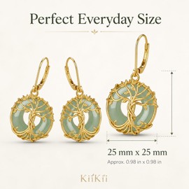KiiKii 18K Gold Plated Tree of Life & Lotus Flower Drop Earrings for Women, Green Gemstone Donut Dangle Earrings, White Gold Plated Spiritual Zen Jewelry, Healing Stone Peace Buckle Earrings Gift for Her (Tree of Life 1.0-18K gold)